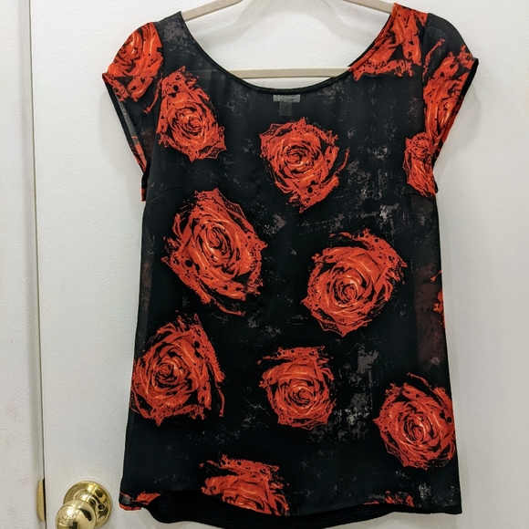 Dynamite Black and Red Rose Chiffon Blouse - M - Picture 1 of 5